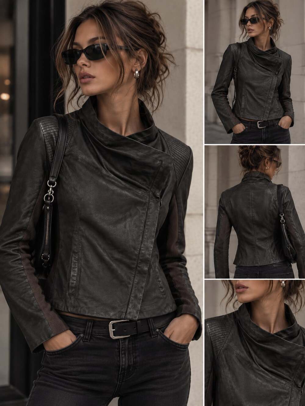 Elie Tahari Genuine Lamb Leather Asymmetrical Moto Jacket Black Gray Ribbed Y2K